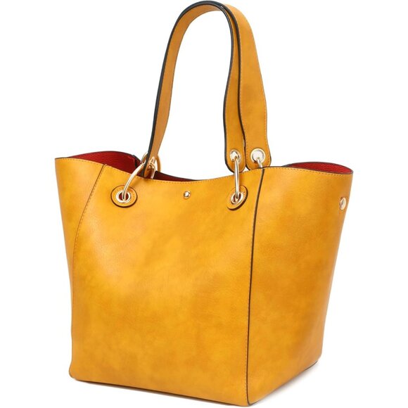 ⚡ Women's Yellow Large Leather Big Bucket Crossbody Travel Tote Bag - Picture 3 of 6